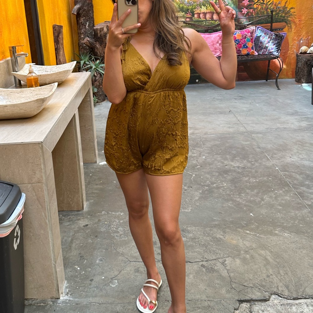 OPEN EDIT Jacquard Bronze Tie Shoulder Romper